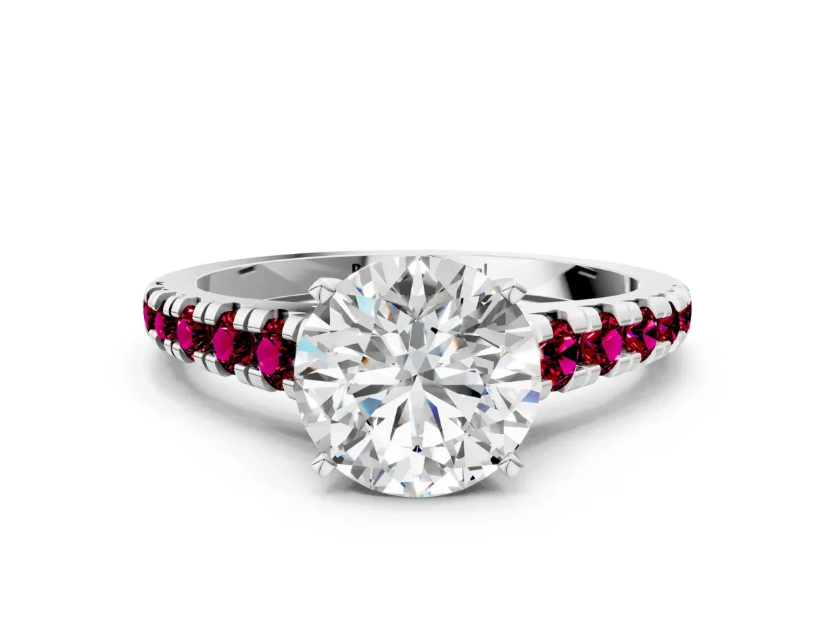 Round Cut Diamond Cathedral Solitaire Ring with Round Garnet Pavé Band Platinum