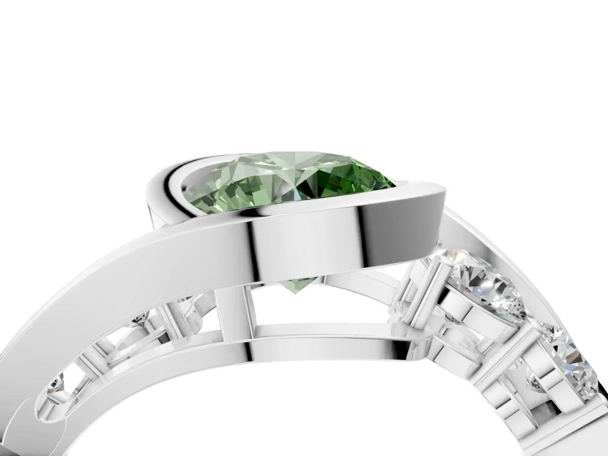 Fancy Green Bezel Set Round Cut Diamond Bypass Ring with Round Accents Silver