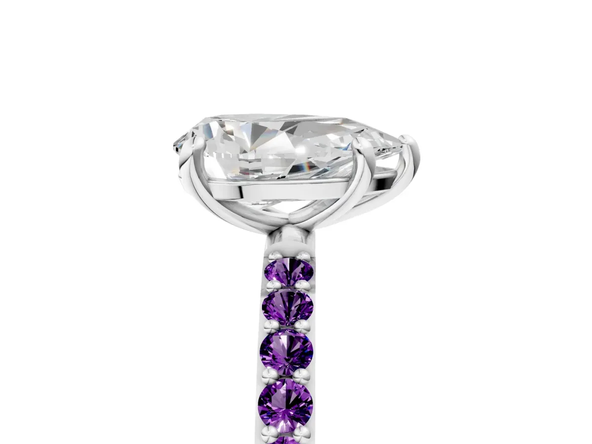 Pear Cut Diamond Solitaire Ring with Round Amethyst Pavé Band and Prong Setting Silver