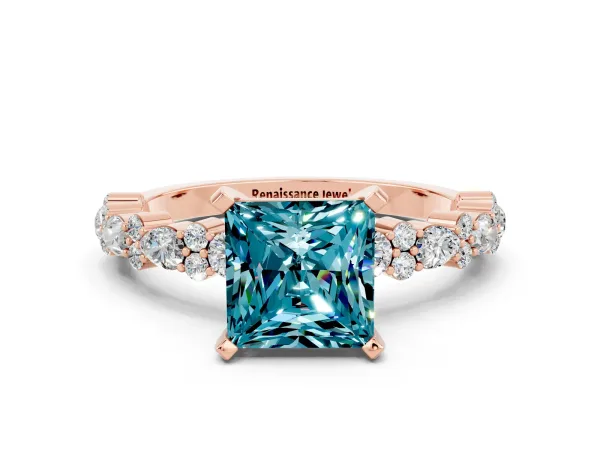 Princess Cut Blue Topaz Side Stone Solitaire Ring with Round and Four-Prong Setting Rose gold