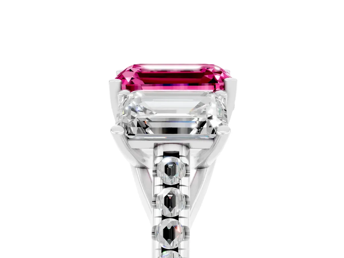 Three-Stone Emerald Cut Pink Sapphire Ring with Round Pavé Band and Prong Setting Silver