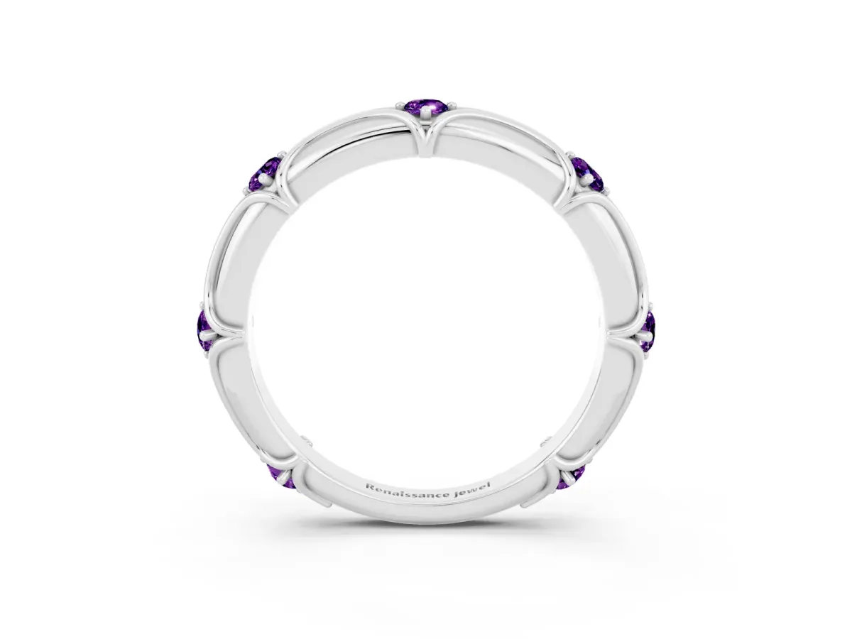 Round Amethyst Prong Set Milgrain Eternity Band Platinum