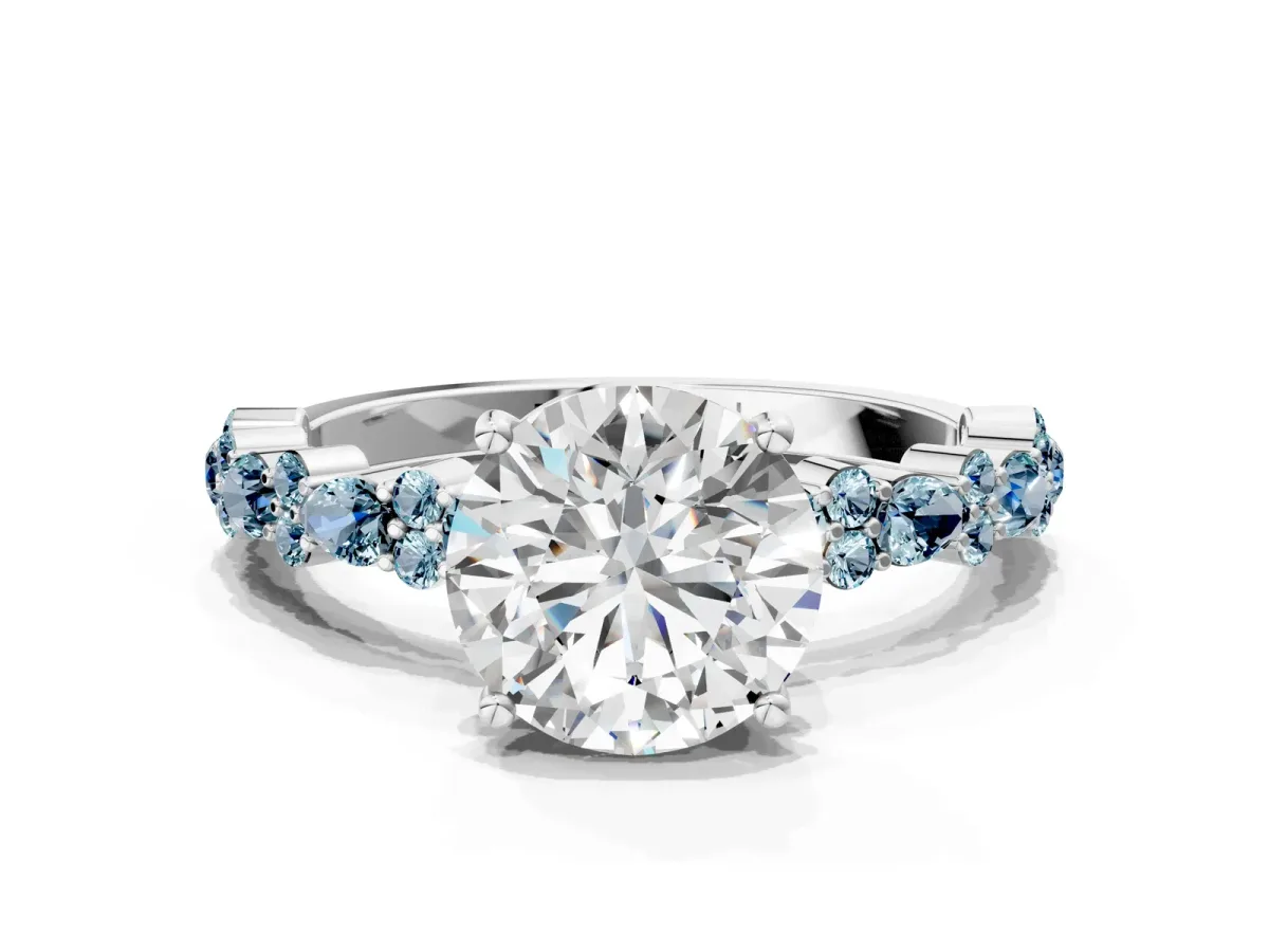 Round Cut Diamond Side Stone Solitaire Ring with Round Aquamarine and Four-Prong Setting Silver