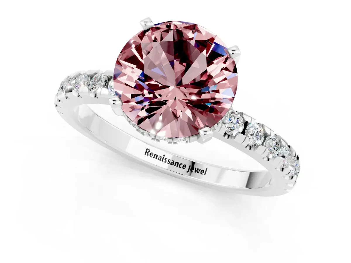 Round Cut Morganite Solitaire Ring with Round Pavé Band and Four-Prong Setting Silver