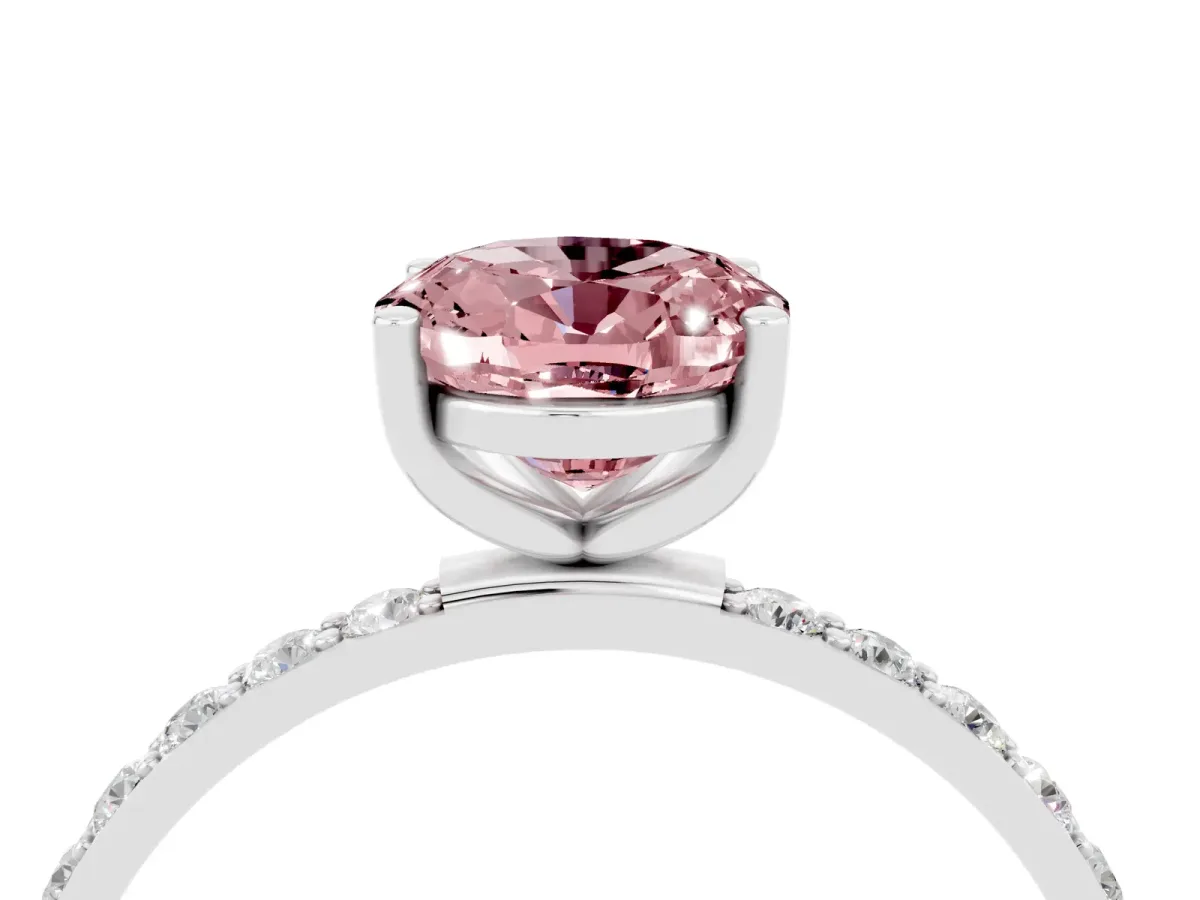 Oval Cut Morganite Solitaire Ring with Round Pavé Band and Prong Setting Platinum