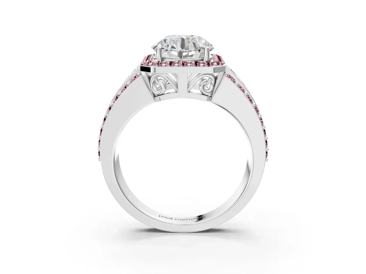Round Cut Halo Diamond Ring with Round Morganite Split Shank and Prong Setting Silver