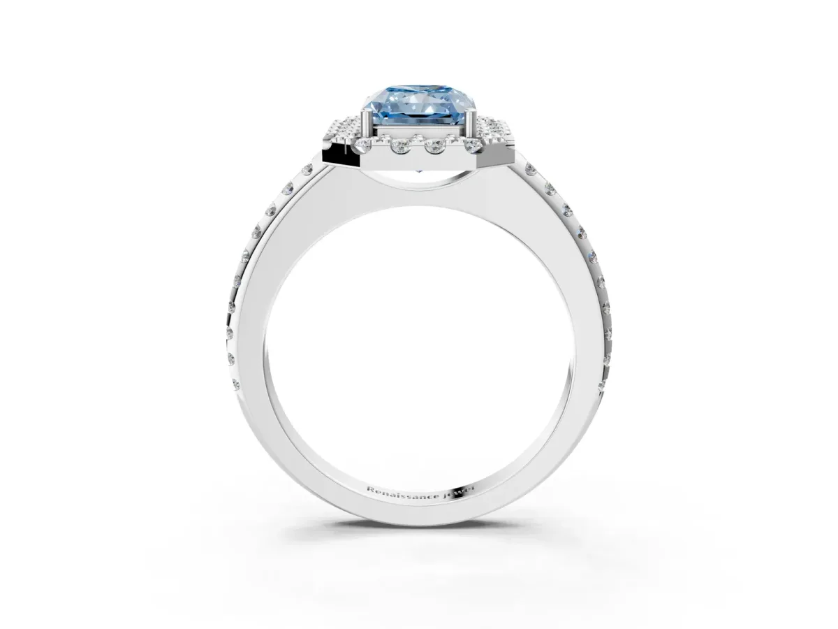 Fancy Blue Radiant Cut Diamond Pavé Halo Ring with Four-Prong Setting Platinum