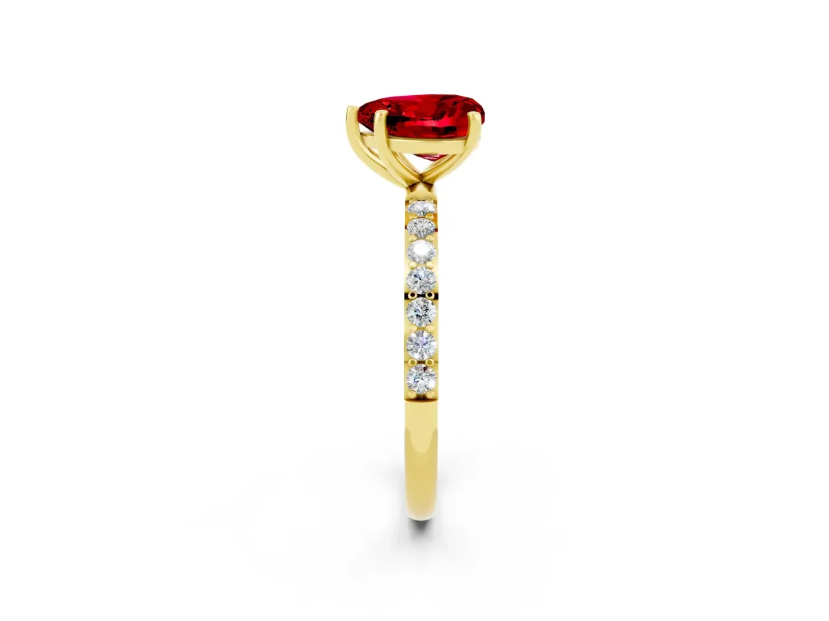 Heart Cut Ruby Solitaire Ring with Round Pavé Band and Prong Setting Yellow gold