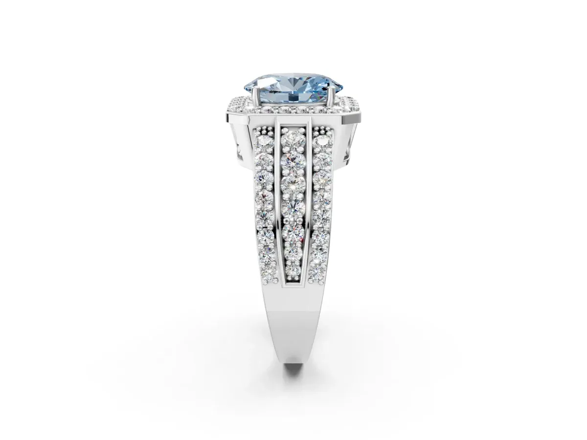Fancy Blue Oval Cut Halo Diamond Ring with Round Split Shank and Prong Setting Silver