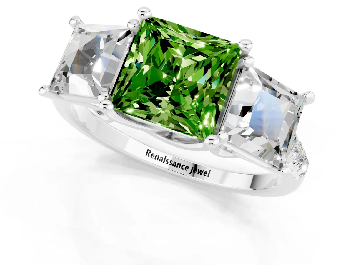Three-Stone Princess Cut Peridot Ring with Round Pavé Band and Prong Setting Platinum