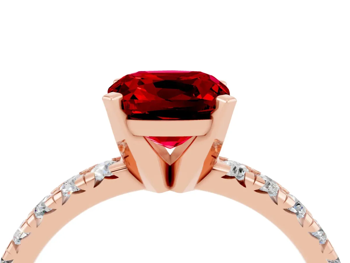 Cushion Cut Ruby Solitaire Pavé Engagement Ring with Round Band and Prong Setting Rose gold