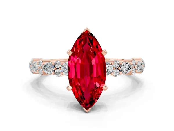 Marquise Cut Ruby Side Stone Solitaire Ring with Round and Four-Prong Setting Rose gold