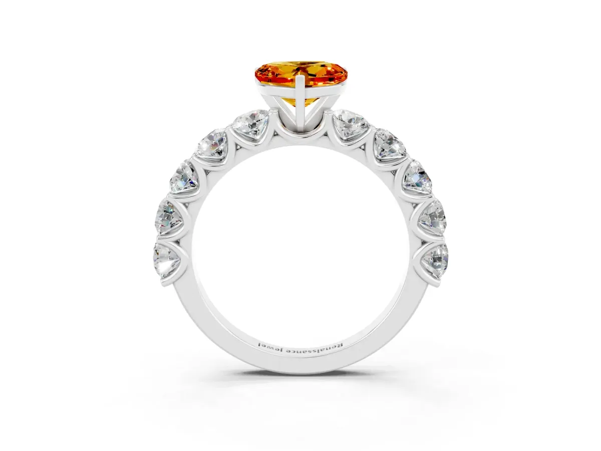 Heart Cut Citrine Prong Setting with Side Stones on a Pave Band Silver