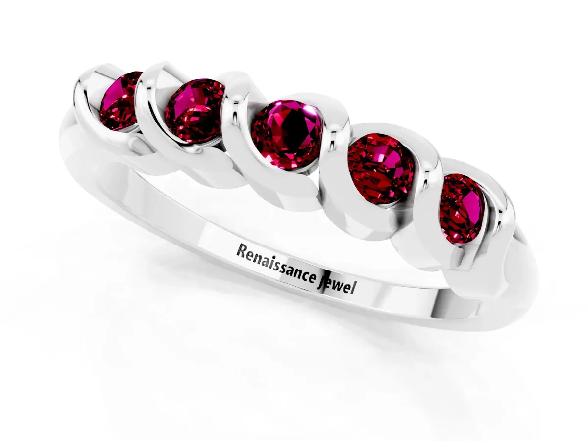 Round Garnet Eternity Band with Twist Prong Setting White gold