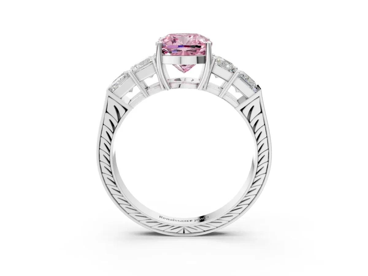 Fancy Pink Cushion Cut Solitaire Princess Side Stone Engraved Band Prong Setting Ring Platinum