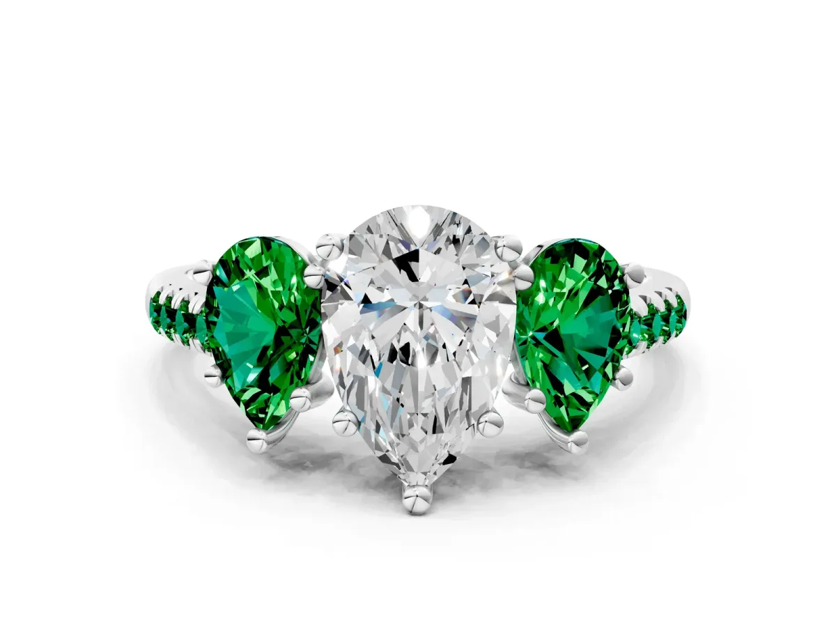 Three-Stone Pear Cut Diamond Ring with Round Emerald Pavé Band and Prong Setting Silver