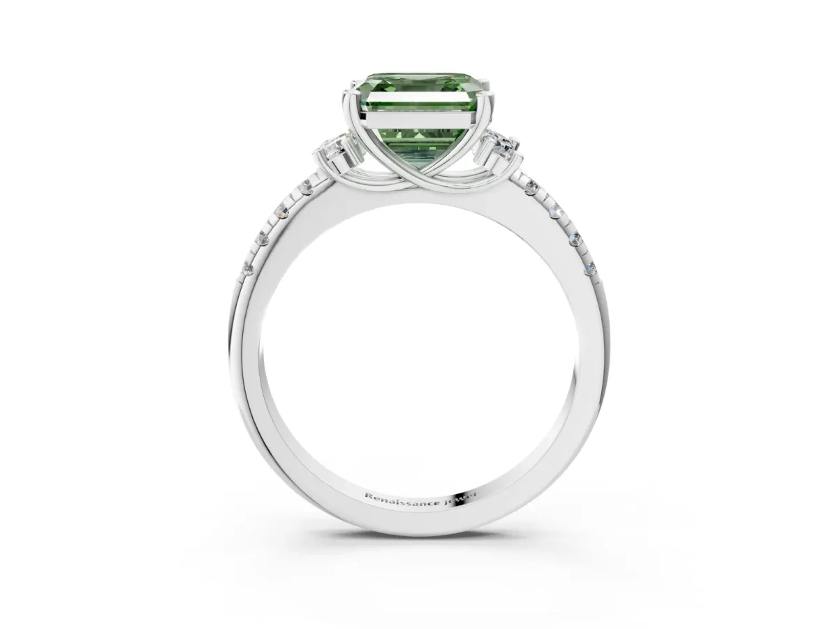 Fancy Green Asscher Cut Diamond Three-Stone Pave Band with Four-Prong Setting Platinum