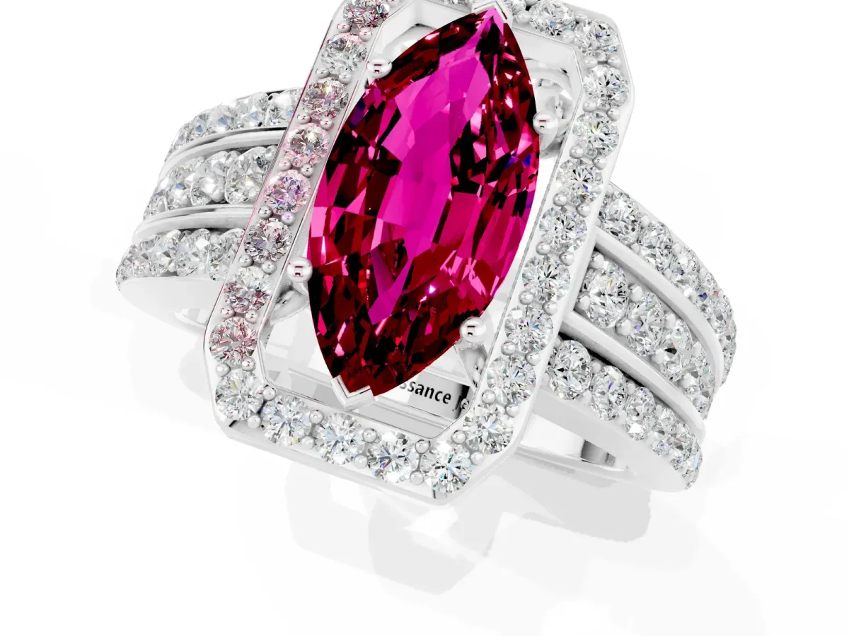 Marquise Cut Halo Garnet Ring with Round Split Shank and Prong Setting Platinum