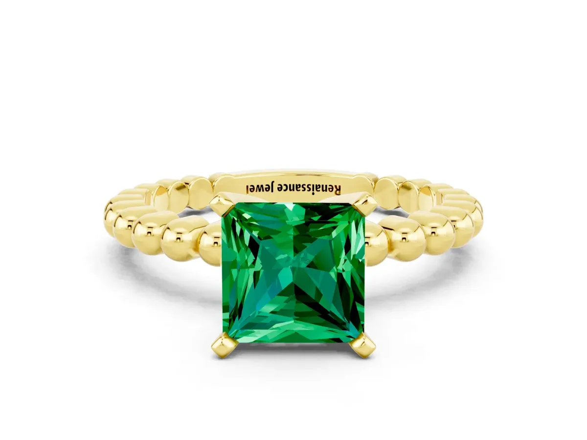 Princess Cut Emerald Solitaire Ring with Beaded Band and Prong Setting Yellow gold