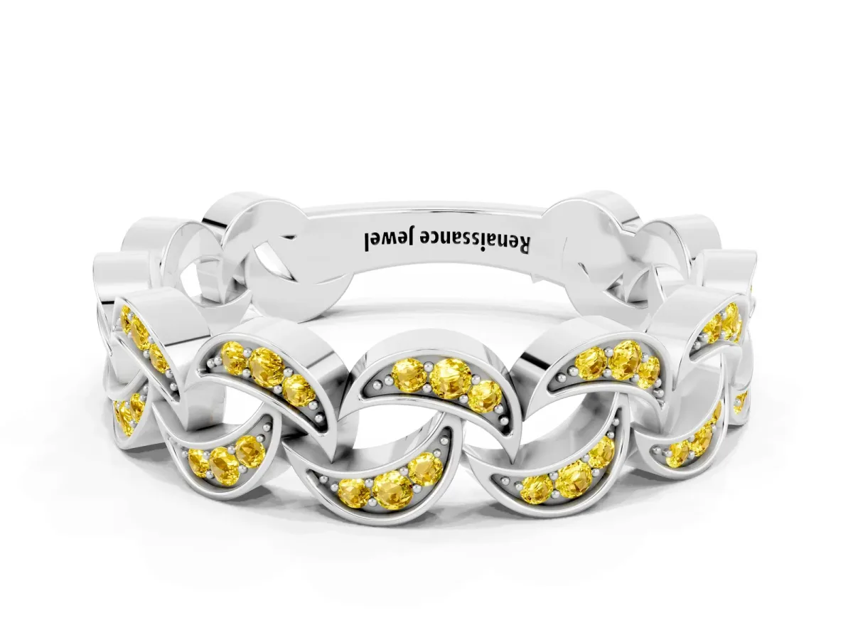 Pavé Round Yellow Sapphire Interlocking Eternity Band with Bezel Prong Setting Silver