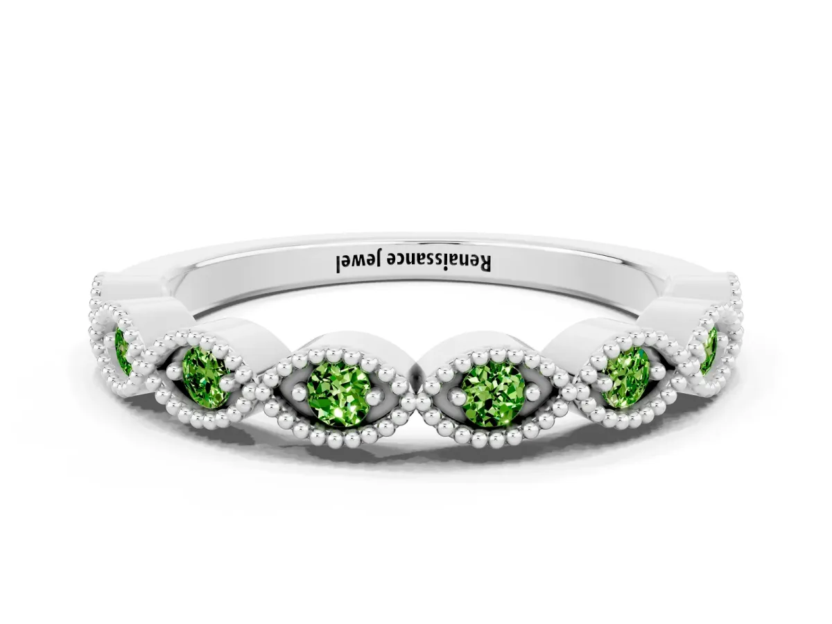 Milgrain Marquise Peridot Half Eternity Band with Bezel Setting Platinum