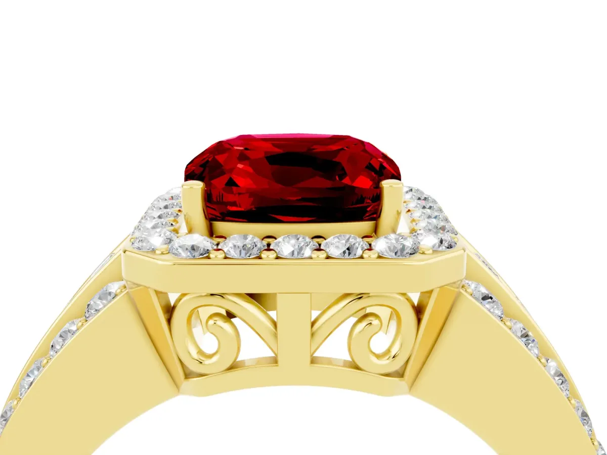 Cushion Cut Halo Ruby Ring with Round Split Shank and Prong Setting Yellow gold