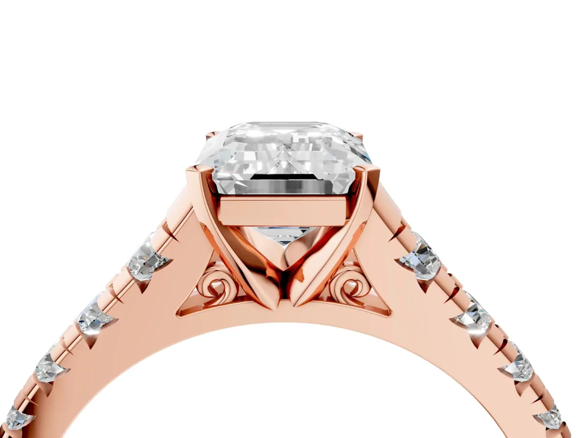 Emerald Cut Diamond Cathedral Solitaire Ring with Round Pavé Band Rose gold