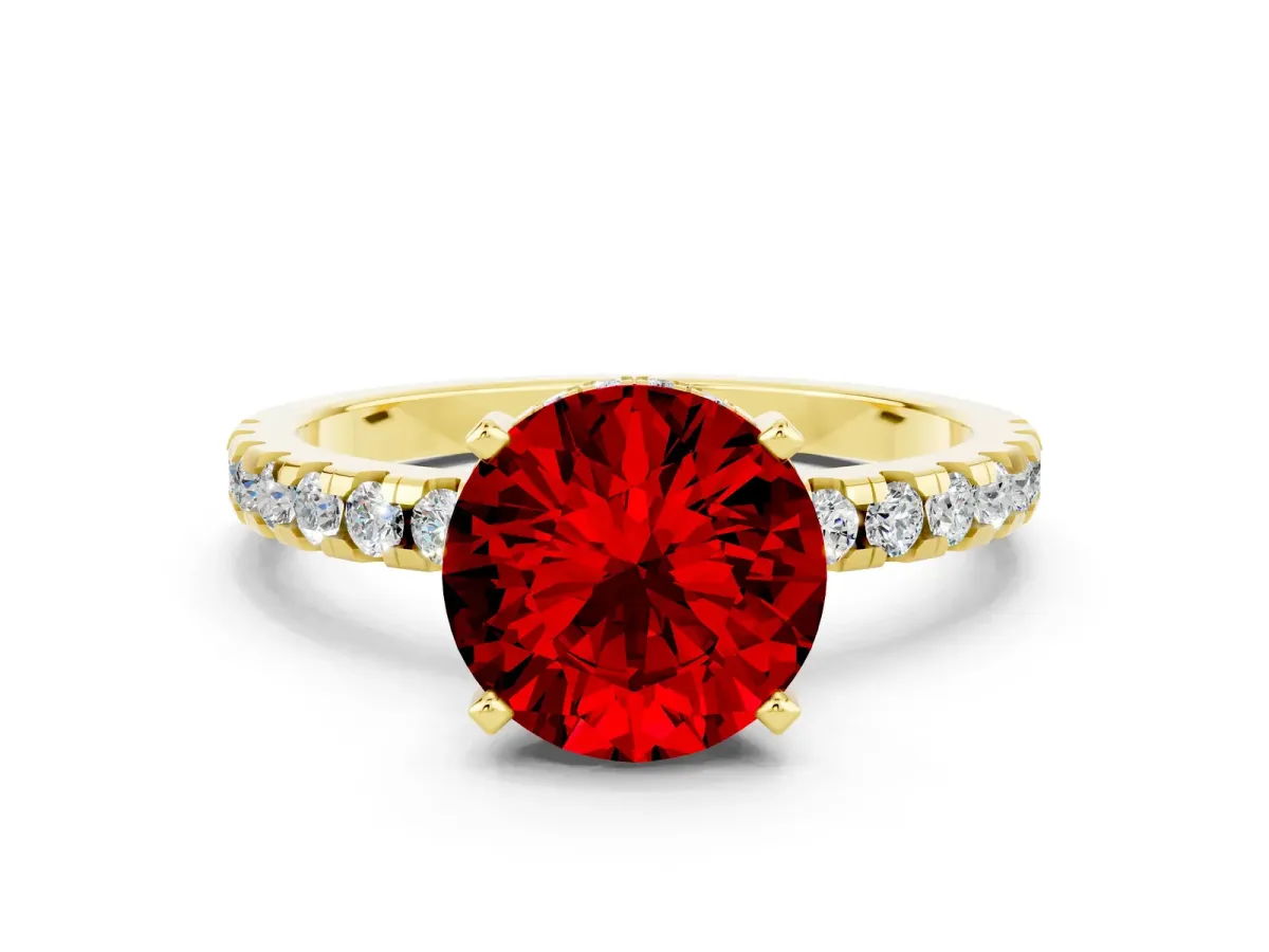 Round Cut Ruby Solitaire Ring with Round Pavé Band and Four-Prong Setting Yellow gold