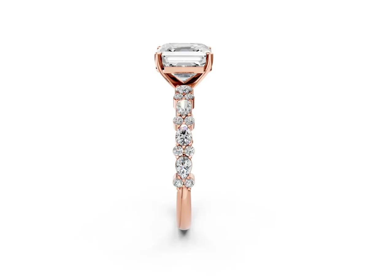 Asscher Cut Diamond Side Stone Solitaire Ring with Round and Four-Prong Setting Rose gold