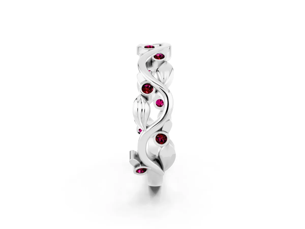 Round Garnet Leaf Eternity Band with Bezel Setting White gold