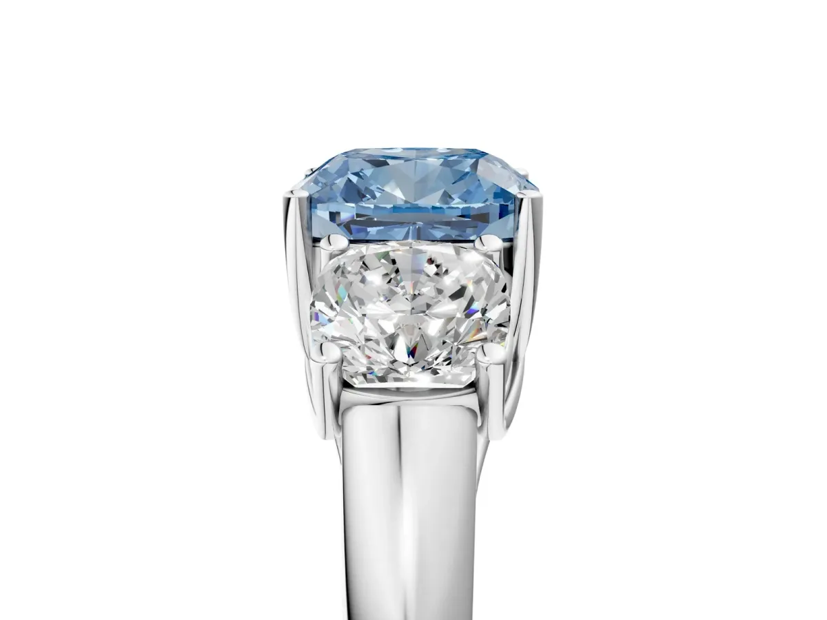 Fancy Blue Three-Stone Cushion Cut Diamond Engagement Ring with Prong Setting White gold