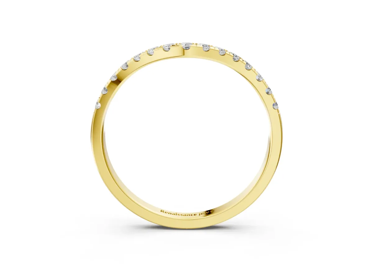 Curved Pavé Round Diamond Wedding Band with Shared Prong Setting Yellow gold
