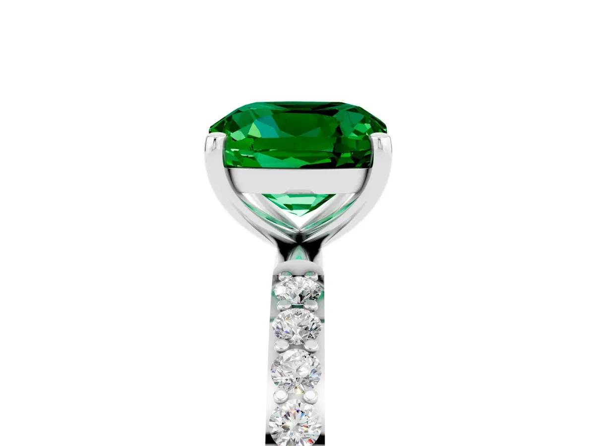 Cushion Cut Emerald Solitaire Ring with Round Pavé Band and Prong Setting Silver