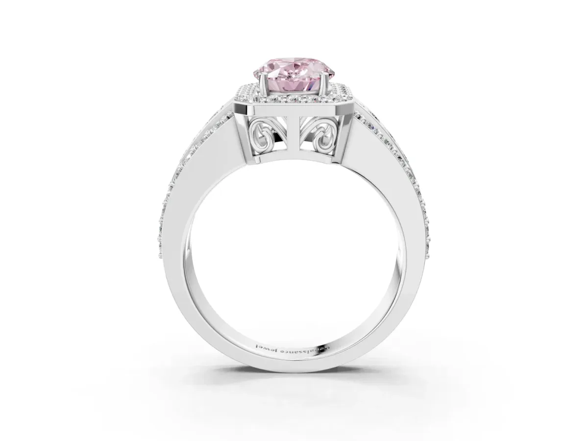 Fancy Pink Oval Cut Halo Diamond Ring with Round Split Shank and Prong Setting Platinum