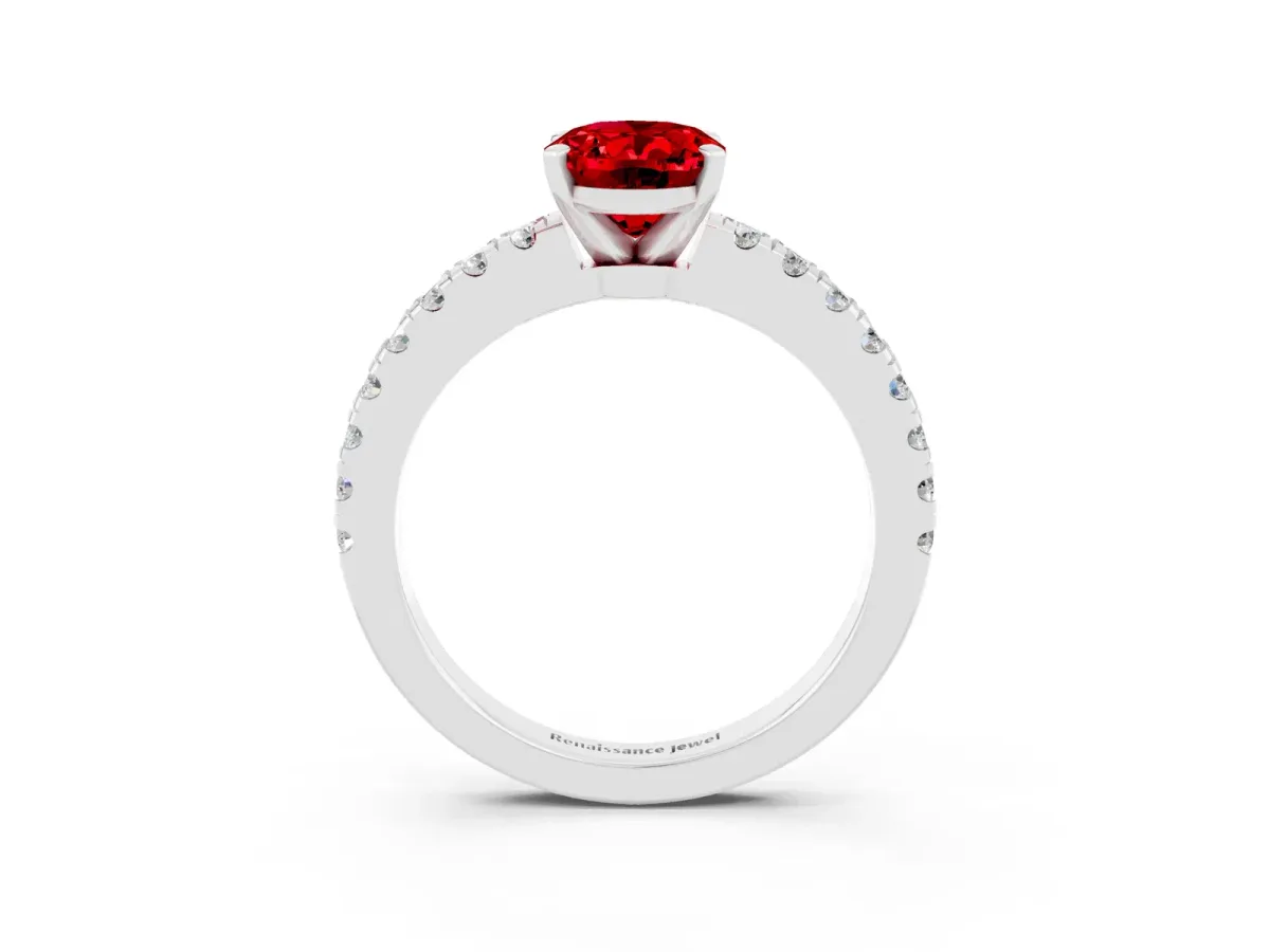 Oval Cut Solitaire Ruby with Pavé Band and Four-Prong Setting White gold