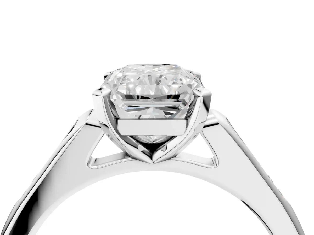 Radiant Cut Diamond Solitaire Ring with Channel Set Round Band and Prong Setting Silver