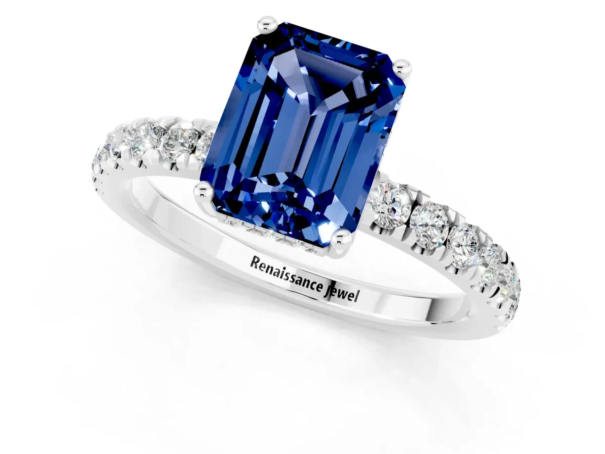 Emerald Cut Blue Sapphire Pave Band Solitaire Ring with Round and Prong Setting Platinum