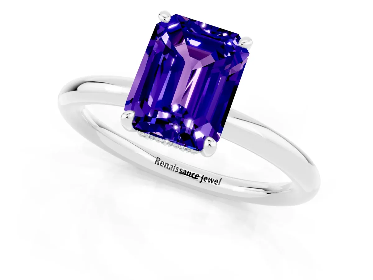 Emerald Cut Tanzanite Solitaire Ring with Thin Band and Four-Prong Setting Platinum