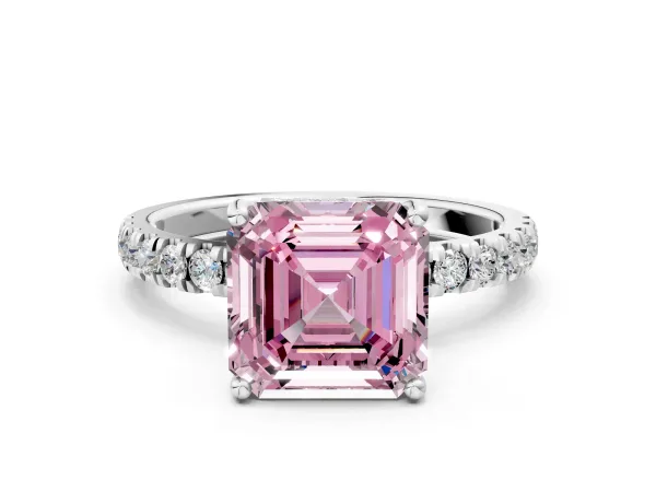 Fancy Pink Asscher Cut Diamond Pave Band Solitaire Ring with Round and Prong Setting Platinum