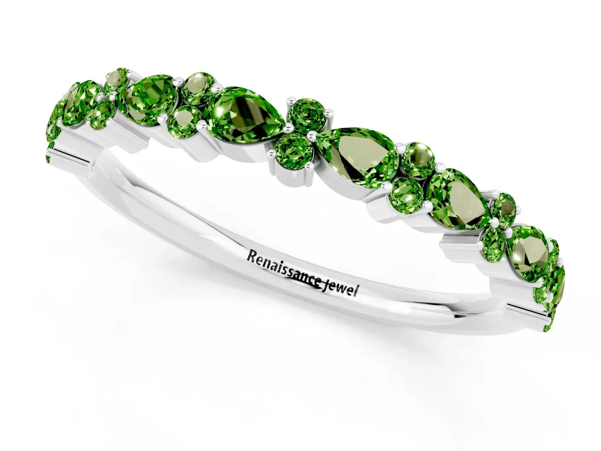 Pear and Round Peridot Wedding Band Silver