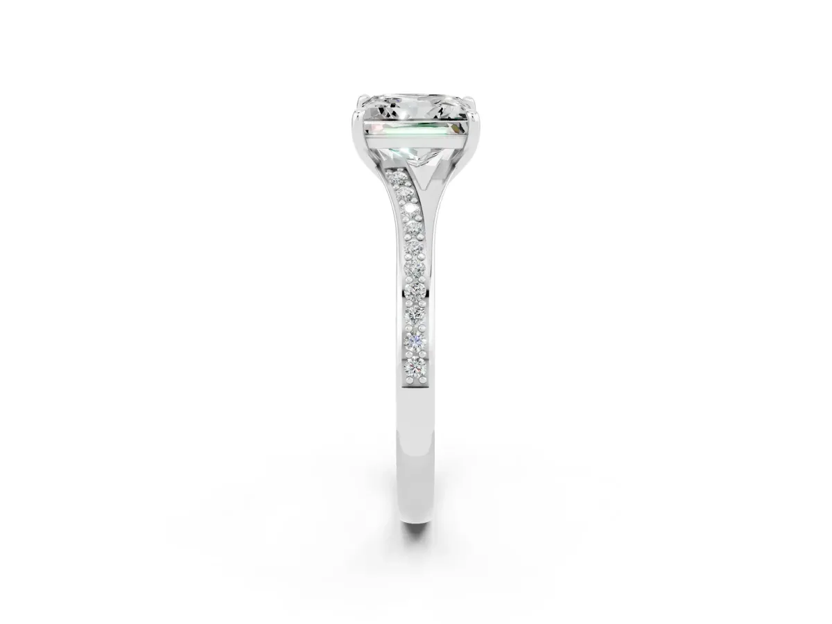 Princess Cut Moissanite Solitaire Ring with Pavé Band and Prong Setting Silver