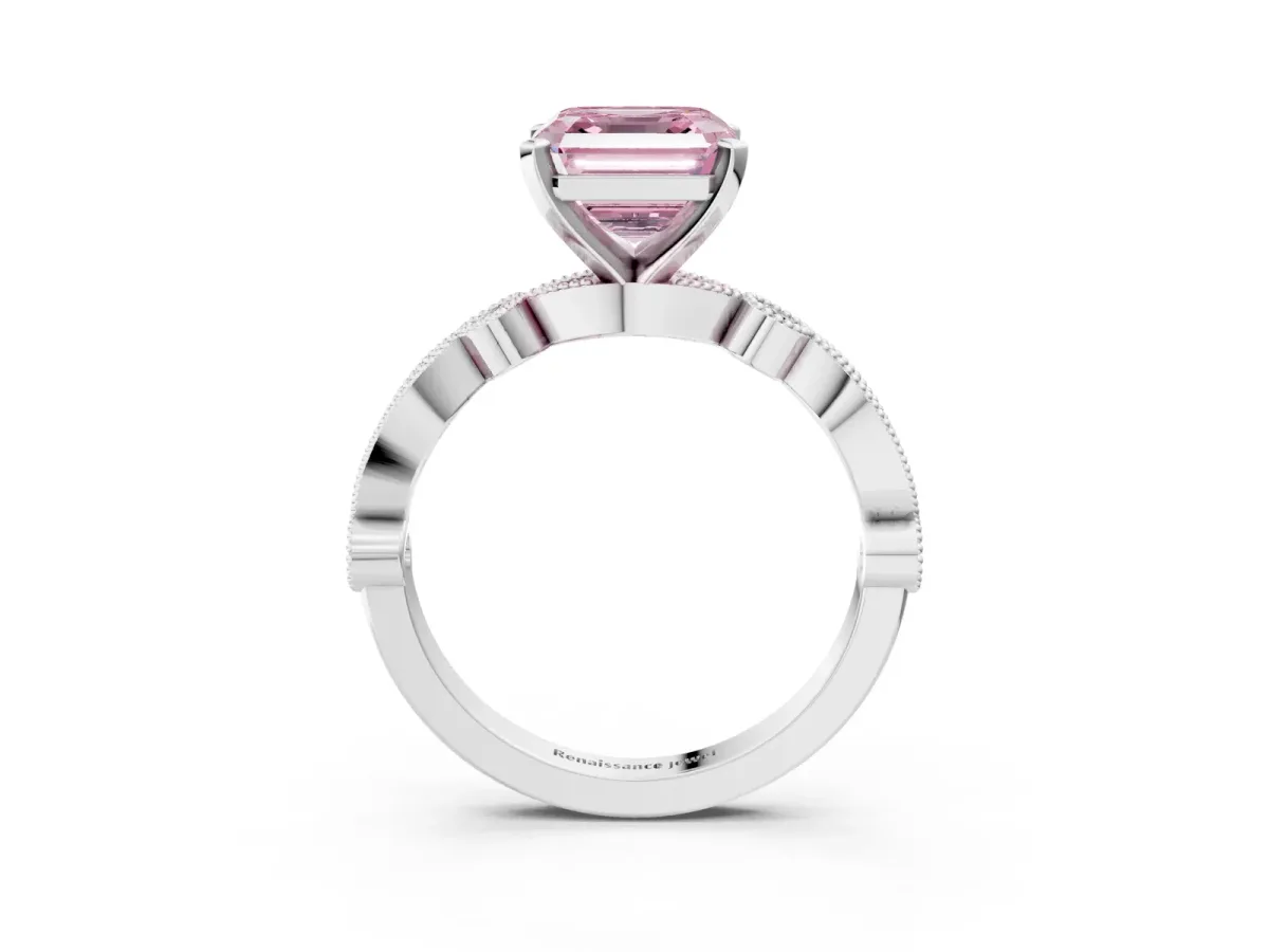 Fancy Pink Asscher Cut Milgrain Bezel Diamond Engagement Ring with Solitaire Prong Setting Platinum