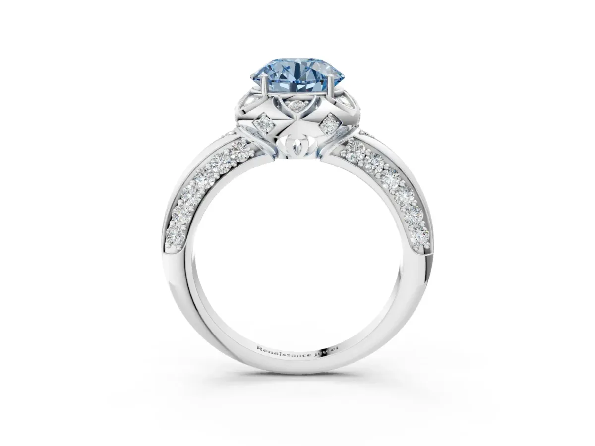 Fancy Blue Round Cut Halo Split Shank Pave Diamond Ring with Petal Prong Setting Platinum