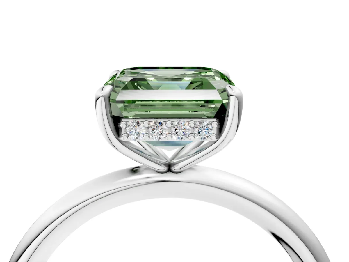 Fancy Green Asscher Cut Diamond Solitaire Ring with Thin Band and Four-Prong Setting Platinum