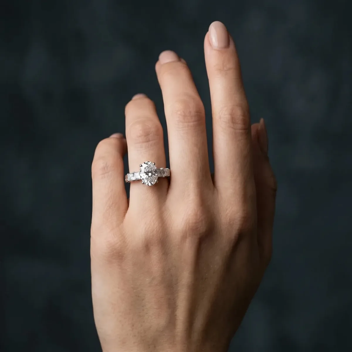 Oval Cut Solitaire Princess Side Stone Engraved Band Prong Setting Ring Silver