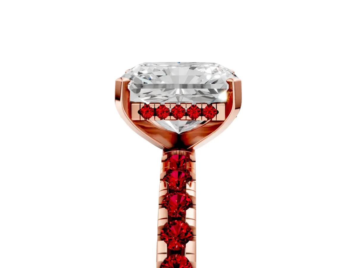 Radiant Cut Diamond Solitaire Ring with Round Ruby Pavé Band and Four-Prong Setting Rose gold