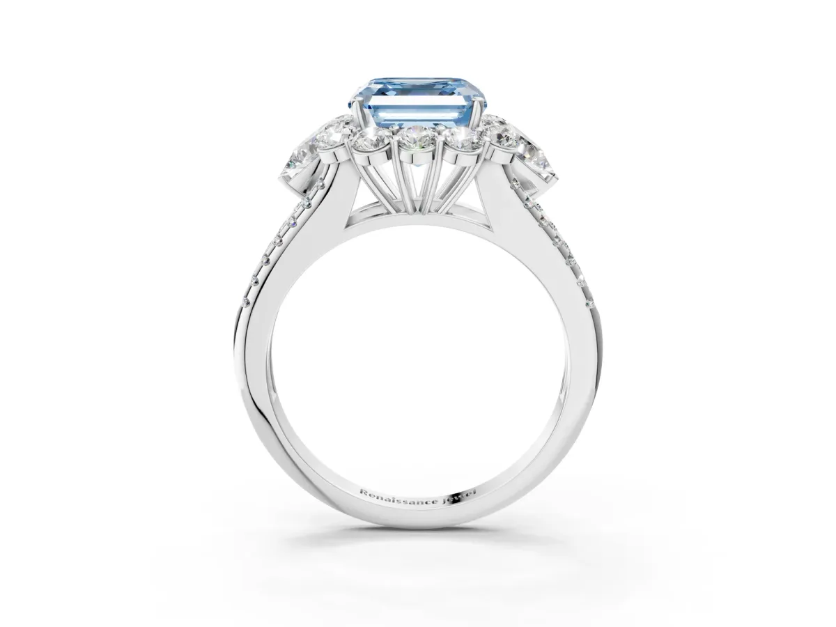 Fancy Blue Asscher Cut Halo Split Shank Diamond Engagement Ring with Prong Setting Platinum