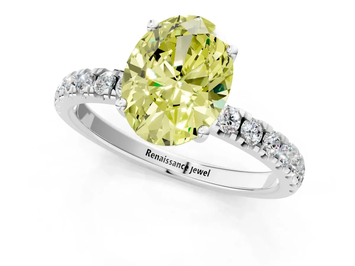 Fancy Yellow Oval Cut Diamond Pave Band Solitaire Ring with Round and Prong Setting Silver