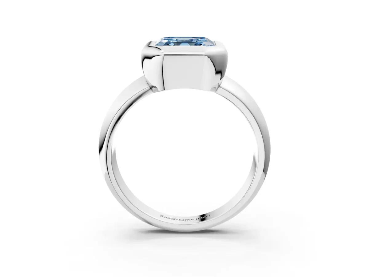 Fancy Blue Bezel Set Asscher Cut Solitaire Ring with Wide Band Platinum