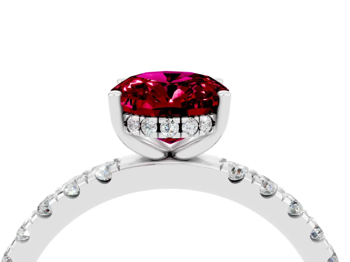 Oval Cut Garnet Pave Band Solitaire Ring with Round and Prong Setting Platinum